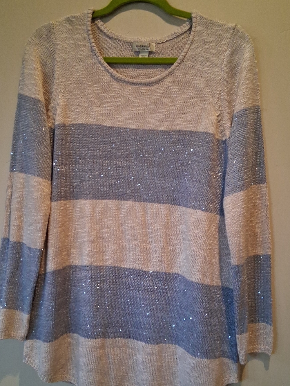 ONE WORLD Beige and Gray Sparkle Stripe Crewneck Sweater